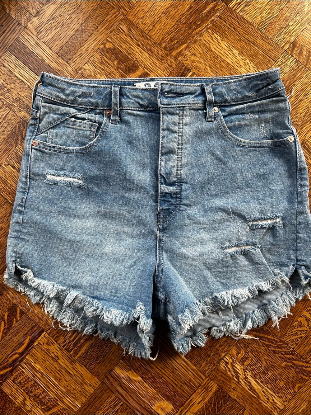 Free People Washed Blue High-Rise Distressed Denim Shorts